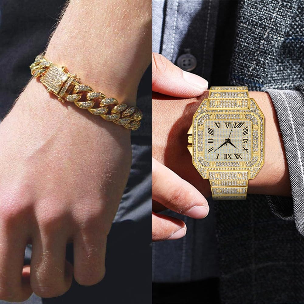 Set of 3 Golden Watch with Bracelet Necklace