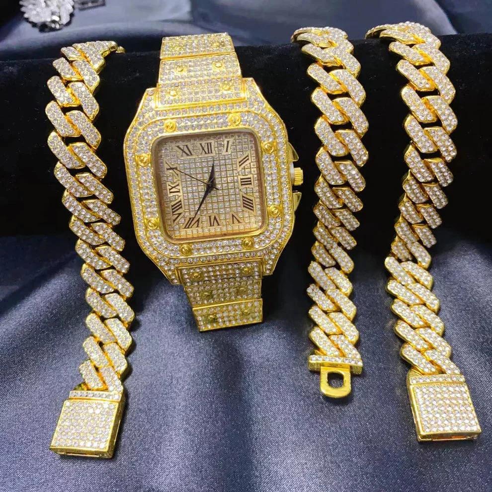 Set of 3 Golden Watch with Bracelet Necklace