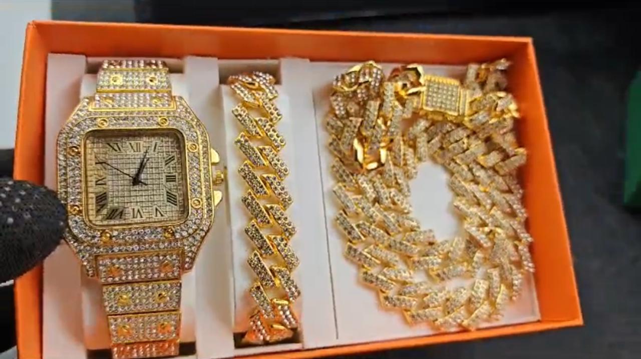 Set of 3 Golden Watch with Bracelet Necklace