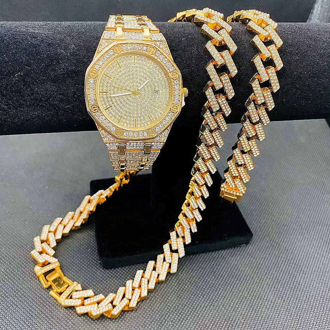 Watch Necklace Bracelet Miama Cuban Chain Diamond Watch