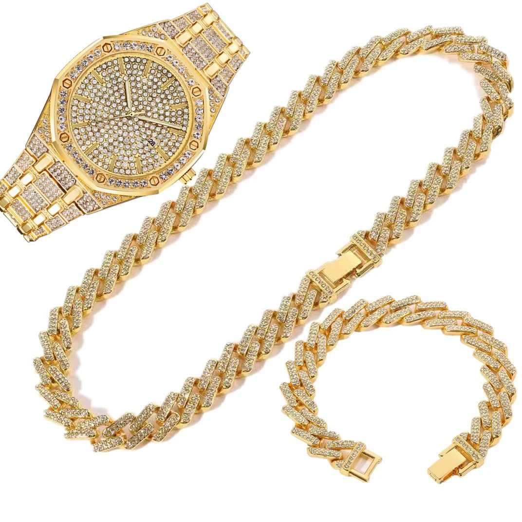 Set of 3 Golden Watch with Bracelet Necklace