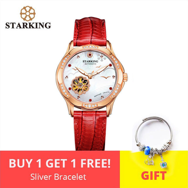 STARKING Automatic Lady Watch Rose Gold Steel Case Vogue Dress Watches Bracelet Set Skeleton Transparent Watch Women