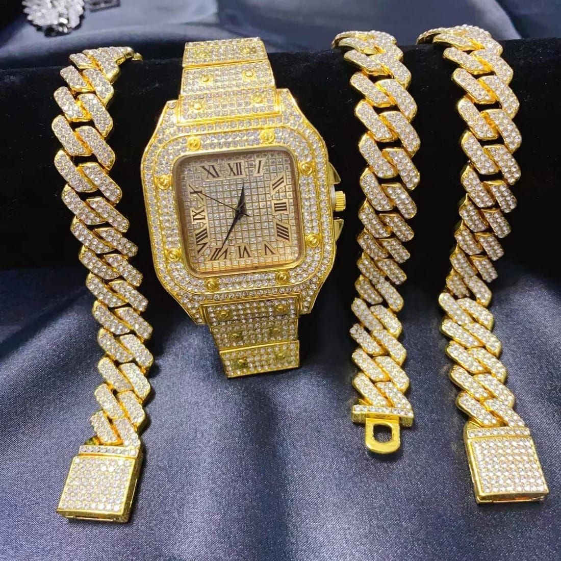 Watch Necklace Bracelet Miama Cuban Chain Diamond Watch