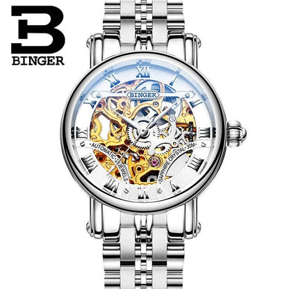 BINGER Couple Automatic Watch Men Skeleton Mechanical Watch For Women Wristwatch Stainless Steel Strap Waterproof Watch B-5066M